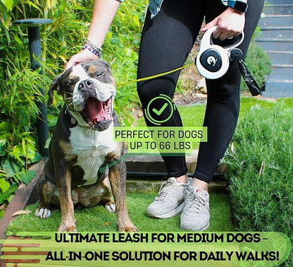 Snuggle Paws Retractable Dog Leash 16ft – Heavy Duty All-in-One Dog Leash with LED Flashlight, Poop Bag Holder, Chew Proof Steel Cable & Reflective Tape – Size M