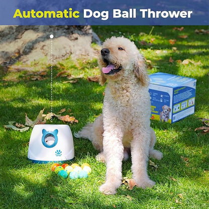 Automatic Dog Ball Launcher for Medium and Small Size Dogs, Interactive Fetch Machine for Indoor and Outdoor Play with 10 PCS Latex Balls, Dual Power Mode Ball Thrower, Dog Toy