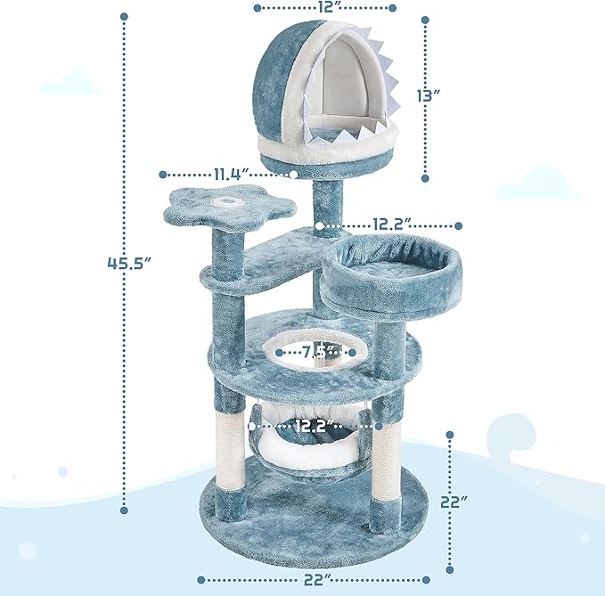 Yaheetech 45.5in Ocean-Themed Cat Tree Multi-Level Cat Tower, Plush Pet Furniture with Shark's Mouth-Shaped Nest, Sea Star-Shaped Perch, Jellyfish-Style Hammock for Indoor Kitty