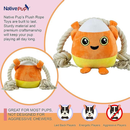Native Pup Dog Toy Rope and Plush Stuffed Squeaker, Tug of War Toys for Dogs, Puppy Welcome Home Add on for Pets (Candy Corn)