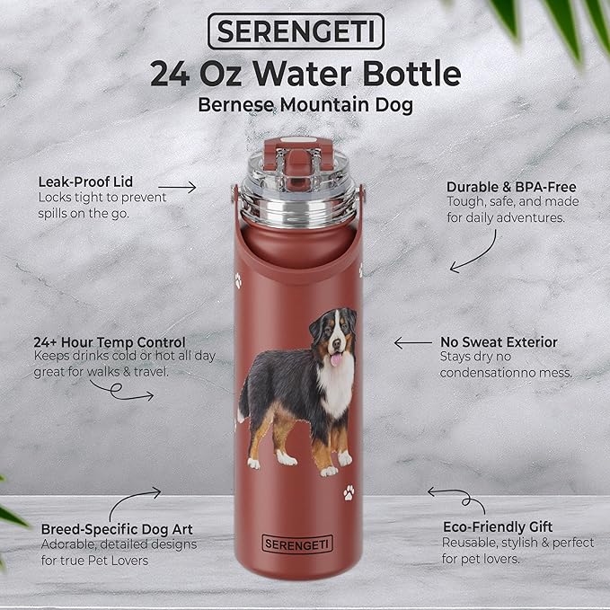 SERENGETI 24 Oz Water Bottle Stainless Steel with Spill Proof Lid - Double walled Vacuum Insulated water flask - Realistic 3D Print of your favorite dog (Bernese Mt. Dog)