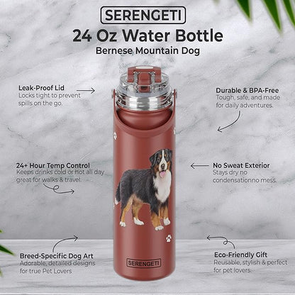 SERENGETI 24 Oz Water Bottle Stainless Steel with Spill Proof Lid - Double walled Vacuum Insulated water flask - Realistic 3D Print of your favorite dog (Bernese Mt. Dog)