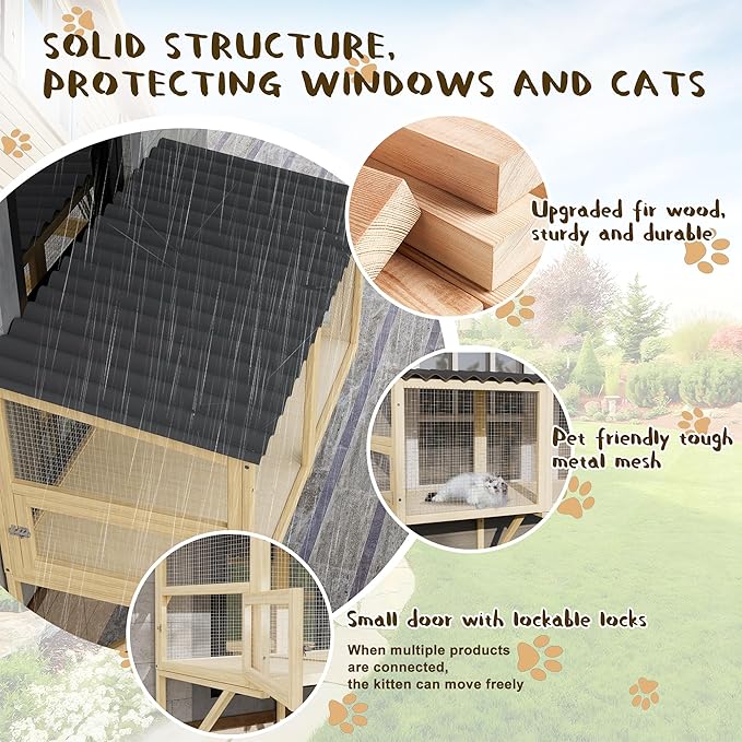 Cat Catio, Cat Window Perch for Large Cats - Catio Outdoor Cats Enclosure Windows, Patio Window Box Hommock for Sunbathing, Napping, Outside Wooden Catios for Indoor Kittens (Burlywood)