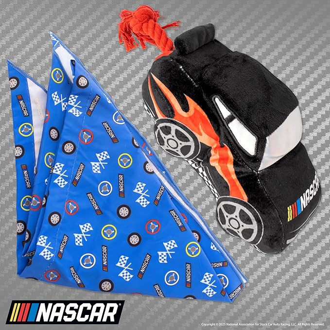 design LAB, Inc. NASCAR Official Merchandise | NASCAR Racecar Plush Toy with Fun Tug Rope and Racing Car Bandana Accessory | Pet Toys and Accessories for Dogs