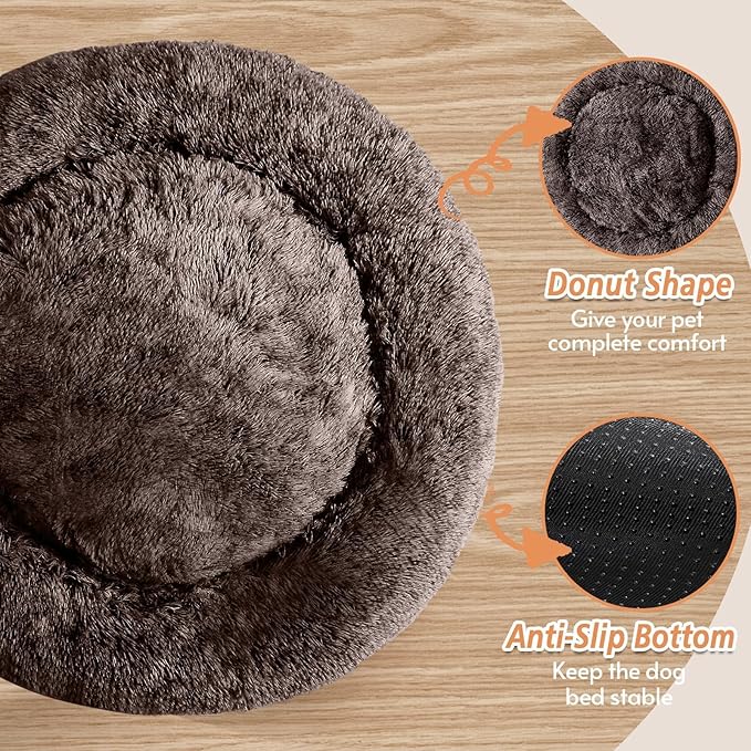 JOLLYVOGUE Calming Dog Bed Medium Size Dog, 31in Donut Washable Medium Pet Bed, Anti-Slip & Anti-Anxiety Fluffy Faux Fur Round Dogs Bed, Fits up to 45 lbs Pets (Chocolate)
