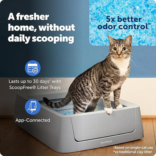 PetSafe ScoopFree Crystal Smart Automatic Litter Box - Uncovered Motion-Sensing Cat Box with Integrated Health Counter & App - Includes 1 Disposable Crystal Litter Tray