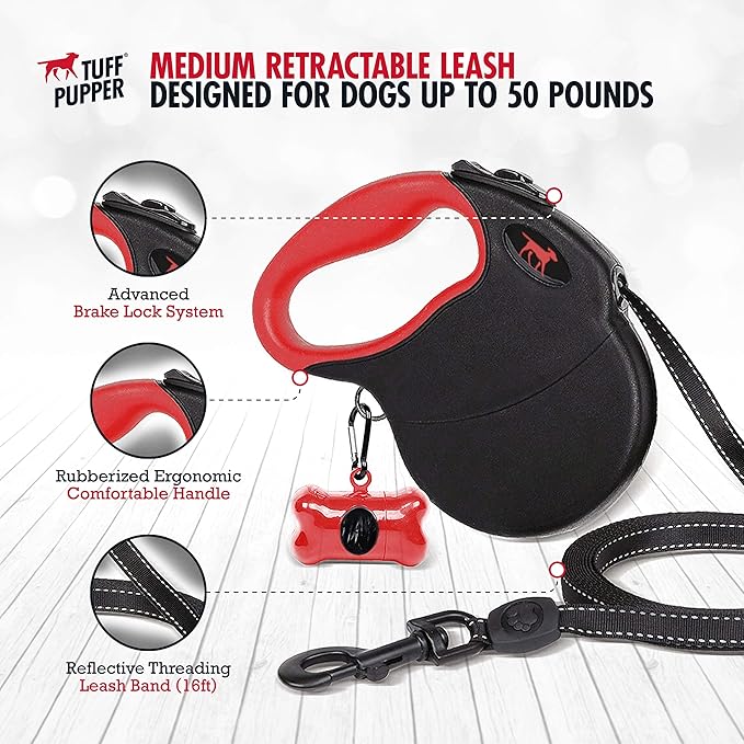 Tuff Pupper Heavy Duty Retractable Dog Leash | 16 ft Dog Leash with Reflective Stitching for Nighttime Safety | One Button Lock and Release | Comfortable Hand Grip | for Dogs Up to 44 lbs Black/Red