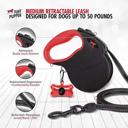 Tuff Pupper Heavy Duty Retractable Dog Leash | 16 ft Dog Leash with Reflective Stitching for Nighttime Safety | One Button Lock and Release | Comfortable Hand Grip | for Dogs Up to 44 lbs Black/Red