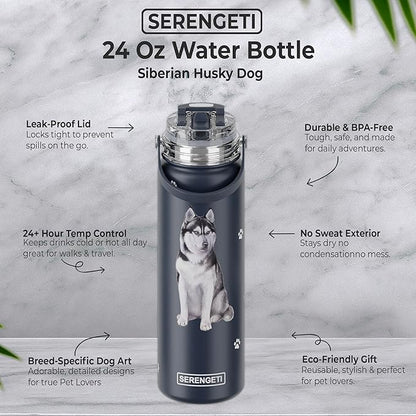 E&S Pets SERENGETI 24 Oz Water Bottle Stainless Steel with Spill Proof Lid - Double walled Vacuum Insulated water flask - Realistic 3D Print of your favorite dog (Siberian Husky)