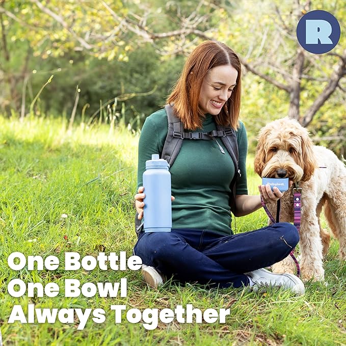 Dog Water Bottle for Dog Lovers - 32 oz Stainless Steel Double Wall Insulated Water Bottle with 8 oz Detachable Bowl on Bottom for Doggy Lovers for Hiking, Walks, Travel - Dusty Blue