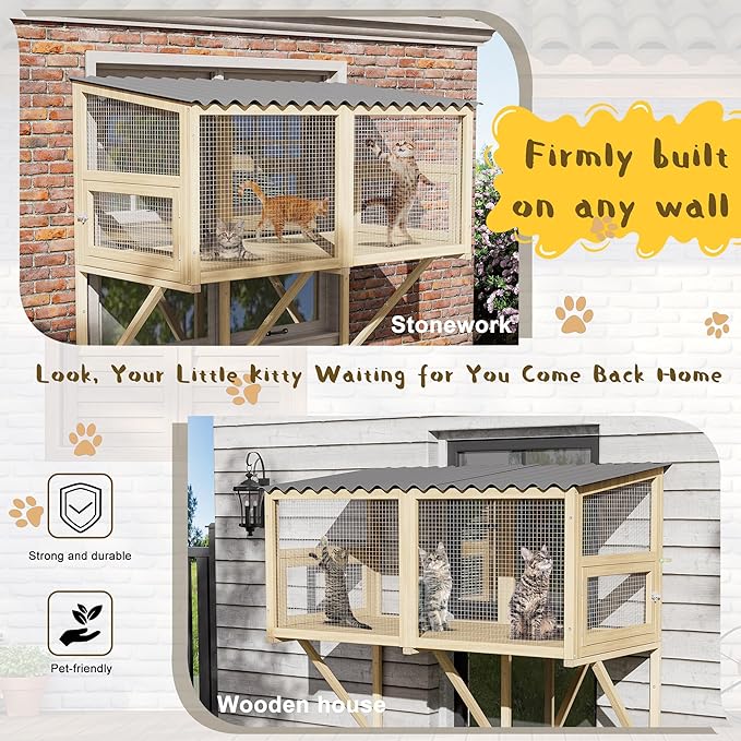 Cat Catio, Cat Window Perch for Large Cats - Catio Outdoor Cats Enclosure Windows, Patio Window Box Hommock for Sunbathing, Napping, Outside Wooden Catios for Indoor Kittens (Burlywood)