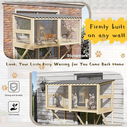 Cat Catio, Cat Window Perch for Large Cats - Catio Outdoor Cats Enclosure Windows, Patio Window Box Hommock for Sunbathing, Napping, Outside Wooden Catios for Indoor Kittens (Burlywood)