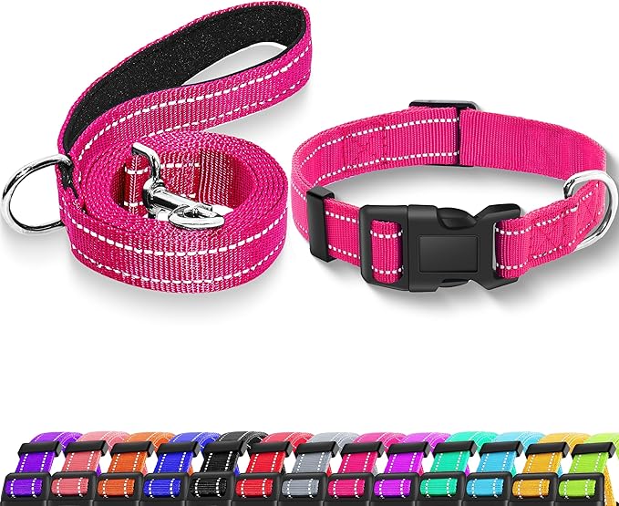 Reflective Dog Collar with Safety Locking Buckle, Adjustable Soft Breathable Nylon Collars for Small, Medium and Large Dogs(Collar+Leash M Hotpink)
