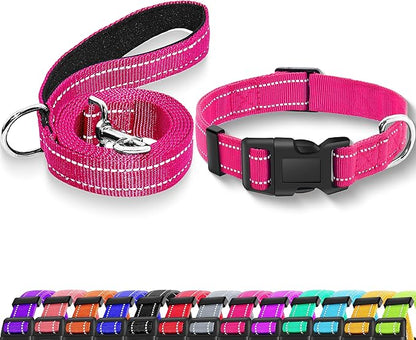 Reflective Dog Collar with Safety Locking Buckle, Adjustable Soft Breathable Nylon Collars for Small, Medium and Large Dogs(Collar+Leash S Width 5/8" Hotpink)
