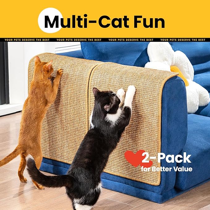 Cat Scratcher Mat,Sisal Cat Scratch Pad with Hook&Loop Tape,Wall Floor Kitten Scratching Pads Rug for Indoor,Furniture Protector for Couch&Carpets&Sofas,Kitty Bithday Gifts,Medium,Brown,2 Pack