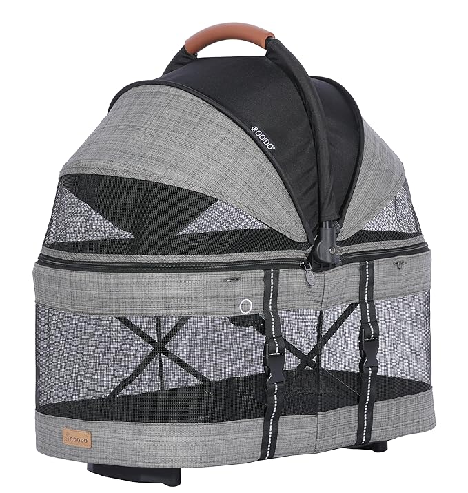 ROODO 2026 Upgraded Version 3-in-1 Dog Cat Stroller with Detachable Carrier Folding Lightweight Portable Travel Pet Gear All-Terrain Puppy Doggie Kitty Bunny Stroller for 35 lbs(Grey Lattice)
