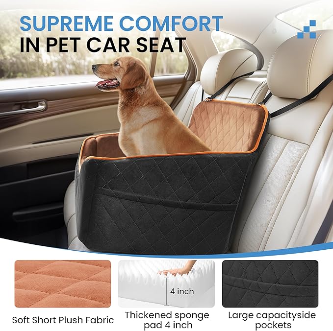 Dog Car Seat for Medium Dogs - Pet Car Seat with 2 Safety Straps & Waterproof Padding, Portable Pet Carrier for Cars, Trucks & SUVs, Comfortable Booster Bed for Pets Up to 55lbs (Black/Coffee)