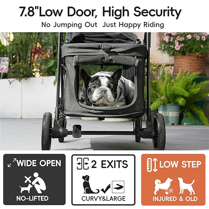 Dog Stroller for 2 Small Dogs or 1 Medium Pet, Low-Entry Design with Anti-Jump-Out, 600D Oxford Fabric, Up to 70 lbs,Black