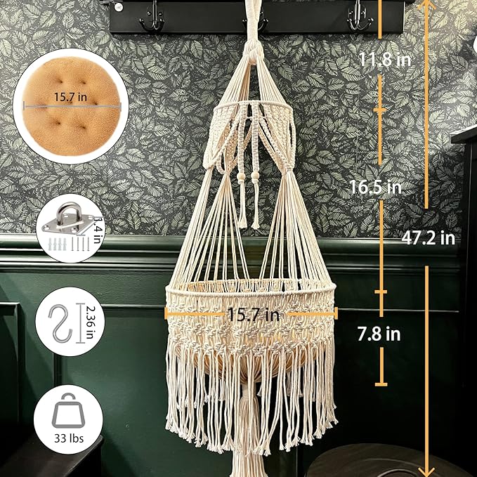 Macrame Cat Hammock - Boho Wall Hanging for Indoor Outdoor Home Decor, Pet Hammock for Sleeping, Playing and Lounging