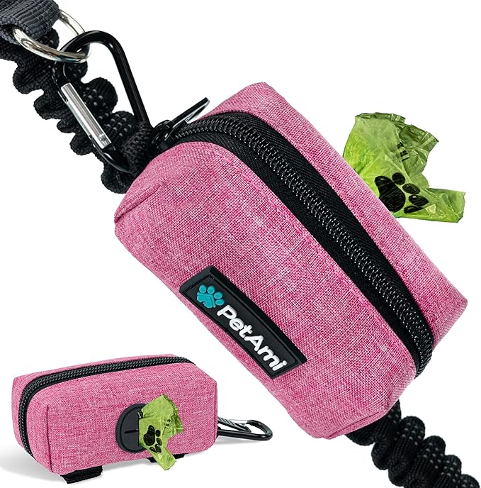 PetAmi Dog Poop Bag Holder & Waste Bag Dispenser with Clip-On Pouch Includes 1 Roll of Pet Waste Bags Portable Dog Walking Accessories for Leash, Belt or Backpack, Pink