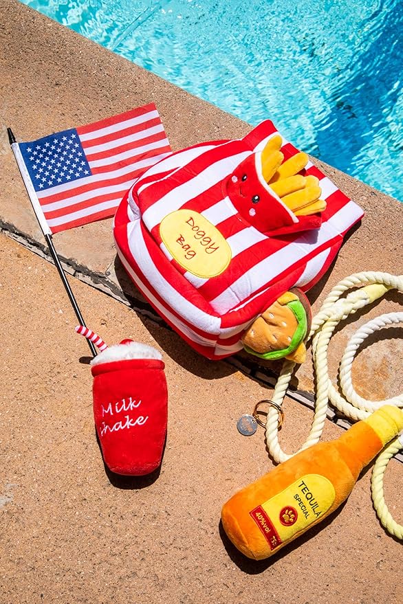 Glow Pups Dog Toy French Fries, Squeaky Plush Food Parody Toy, Easy to Clean, Promotes Mental Stimulation, Keeps Dog Entertained, 6" x 5", Red Plush Toy