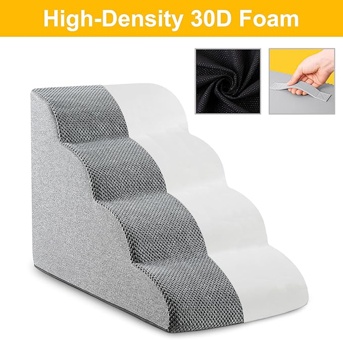 5-Step Dog Stairs, 22.6” High Foam Pet Ramp for Small Dogs & Cats – Durable Waterproof Washable Cover, Non-Slip Base, Stable Indoor Ladder for High Beds and Couch (Grey)