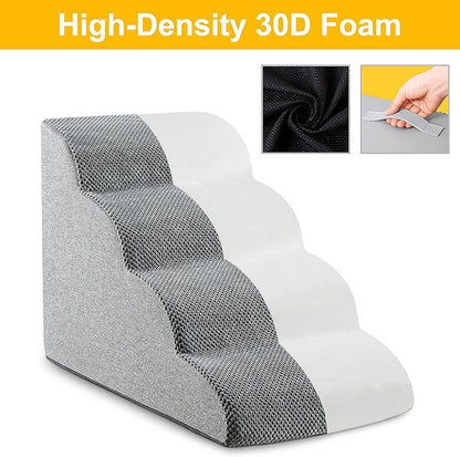 5-Step Dog Stairs, 22.6” High Foam Pet Ramp for Small Dogs & Cats – Durable Waterproof Washable Cover, Non-Slip Base, Stable Indoor Ladder for High Beds and Couch (Grey)