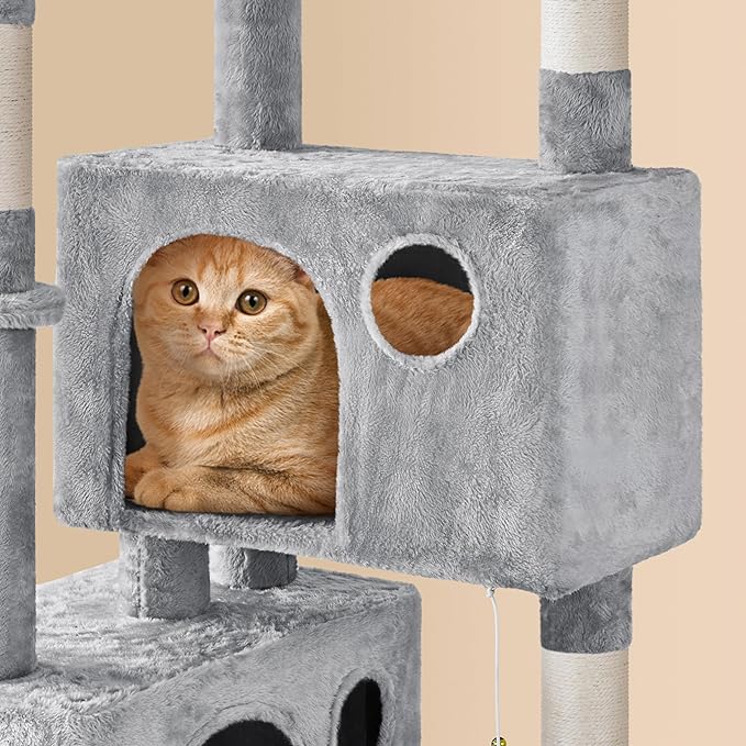Yaheetech 64.5in Extra Large Multi-Level Cat Tree Kittens Play House Condo with Platform, Perch Hammock & Scratching Posts, Light Gray