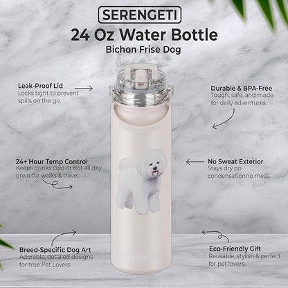 SERENGETI 24 Oz Water Bottle Stainless Steel with Spill Proof Lid - Double walled Vacuum Insulated water flask - Realistic 3D Print of your favorite dog (Bichon Frise)