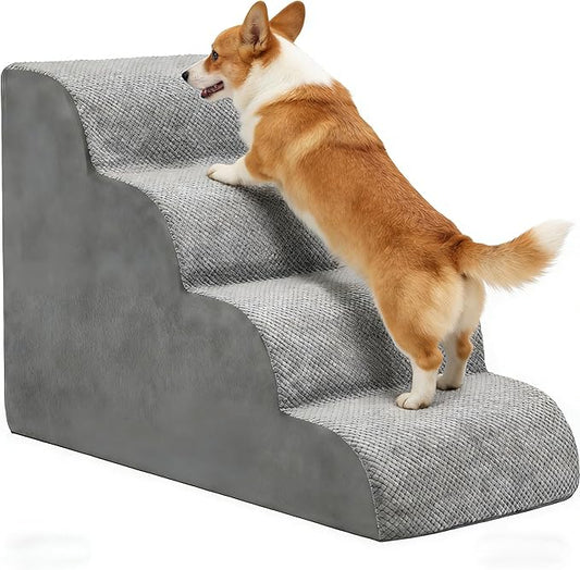 Simple Deluxe Dog Stairs for Small Dogs, 4-Step Curved Dog Step for Puppy, Older Cat, Medium Pet Ramp for Sofa, Couch or Chair, Indoor Non-Slip Pet Ladder with High Density Foam, Gray