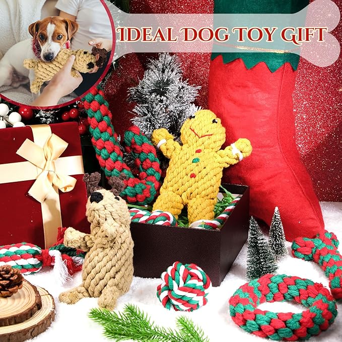 Sadnyy 9 Pcs Christmas Dog Rope Toys Gingerbread Man Reindeer Puppy Chew Xmas Toys Set Interactive Dog Stocking Stuffers, Tough for Puppy Small Medium Gifts Pet Playing Teething Cleaning