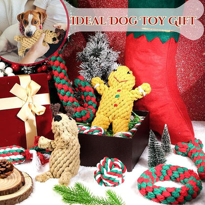 Sadnyy 9 Pcs Christmas Dog Rope Toys Gingerbread Man Reindeer Puppy Chew Xmas Toys Set Interactive Dog Stocking Stuffers, Tough for Puppy Small Medium Gifts Pet Playing Teething Cleaning
