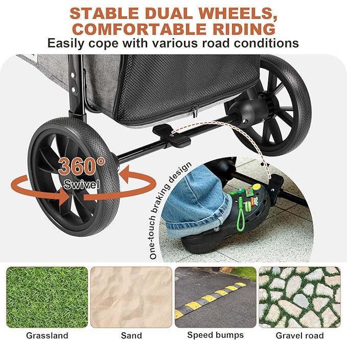 Medium Dog Stroller, Dual Entry One-Touch Folding,Small and Medium Pet Stroller,360° Rotating Front Wheels,80 lbs Weight Capacity for Outdoor Travel and Elderly Dogs - Gray