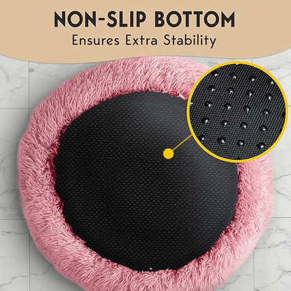 PetJett Calming Medium Dog Bed - 30'' Round Dog Beds, Anti-Slip & Washable Super Soft Fluffy Plush Donut Bed, Anti-Anxiety Premium Comfort Pet Bed, Fits Dogs up to 45 lbs - Pink