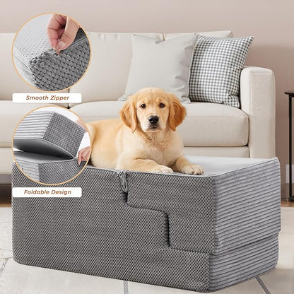 HYLEORY Dog Stairs for Bed 22.5''H, 5-Step Pet Stairs for Small Dogs & Cats, Sturdy Pet Steps with Non-Slip Bottom, Functional Portable Dog Ramp for Couch/Chair/Sofa/Car, with Storage Pocket, Grey