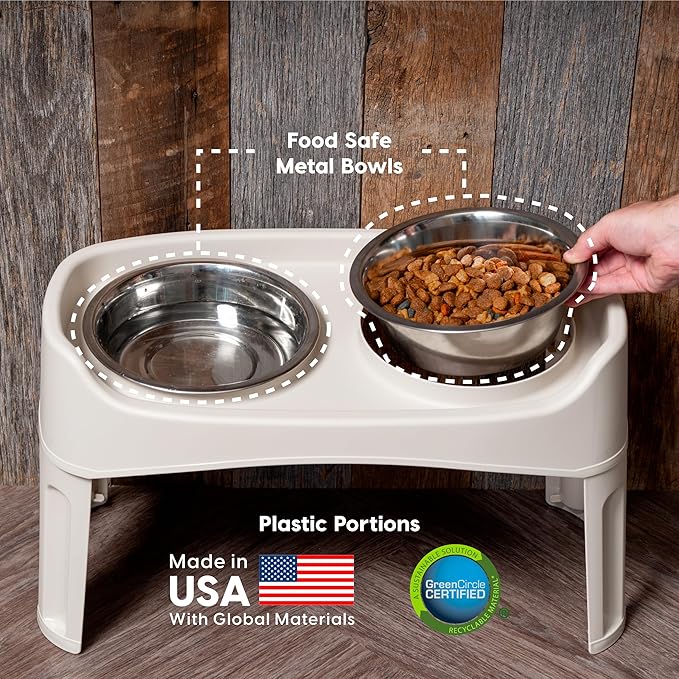 IRIS USA Adjustable Elevated Dog Bowls, Raised Feeder with 2 Stainless Steel 64 oz Bowls, Spill-Guard Rim, 12.25" or 4.63" Heights, Durable Plastic, Made in USA, Almond