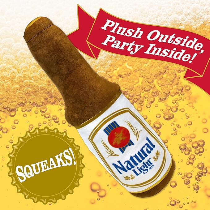 design LAB, Inc. Natural Light Beer Dog Toy | Plush Beer Bottle with Squeaker for Dogs | 17 inch Large Interactive Dog Toys for Fetch, Chewing and Fun