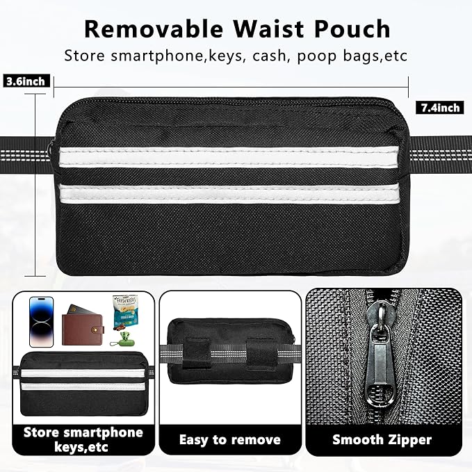 Hands Free Dog Leash with Zipper Pouch, Running Waist Leash for Dog Walking, Adjustable Waist Belt for Large Dogs, Reflective Bungee Design with Two Handle for Hiking,Training, Black
