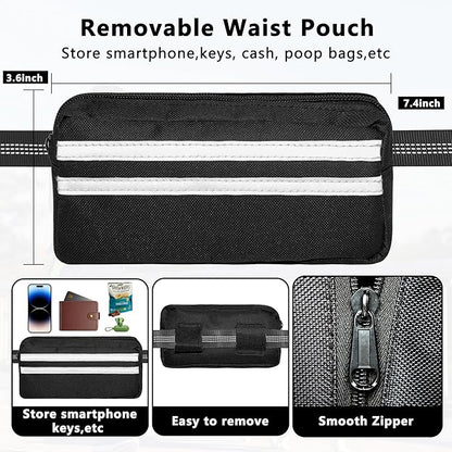 Hands Free Dog Leash with Zipper Pouch, Running Waist Leash for Dog Walking, Adjustable Waist Belt for Large Dogs, Reflective Bungee Design with Two Handle for Hiking,Training, Black