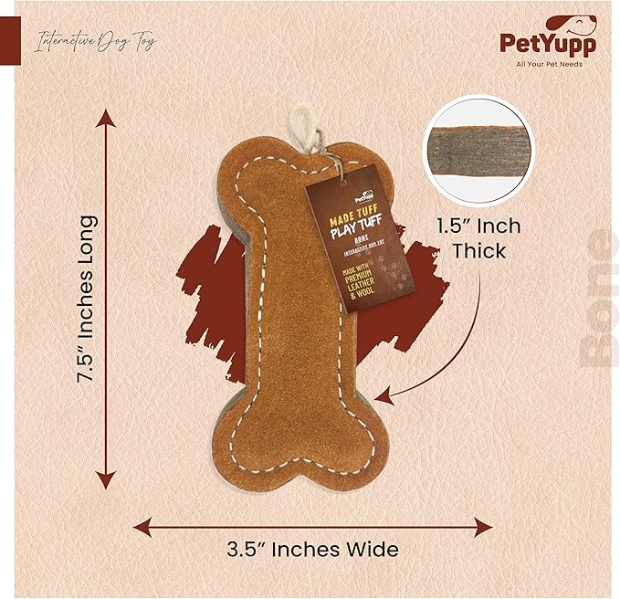 Bone Leather Dog Toy for Aggressive Chewers - Extra Thick Wool, Stitched & Real Leather Dog Toy for Small, Medium & Large Dogs - Durable & Safe Chew Toys for Puppies