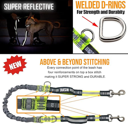 TAKSIN The Ultimate Hands Free Two Dogs Double Leash System for Walking Running Hiking Training, Reflective Bungee Leash, Treat Holder, Poop Bag Dispenser Small Medium Large Dogs (Yellow Deluxe Pack)