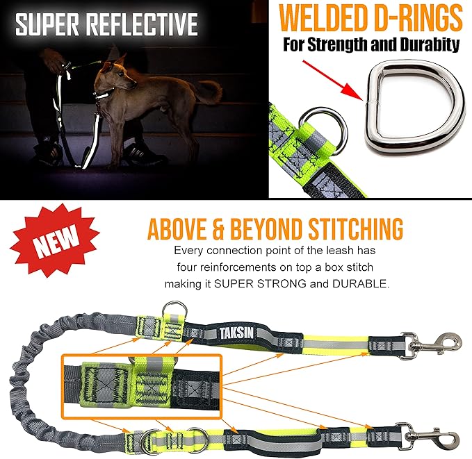 TAKSIN The Ultimate Hands Free Dog Leash for Walking Running Hiking Training, Reflective Bungee Leash, Treat Holder, Poop Bag Dispenser for Small Medium Large Dogs (Yellow Deluxe Pack)