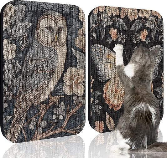 2 Pack Art Cat Scratcher, Wall-Mountable Cat Scratch Pad, Cat Wall Scratcher 16.7x11x1 Inch Cat Scratching Board for Indoor Cats Toy (Owl & Butterfly)
