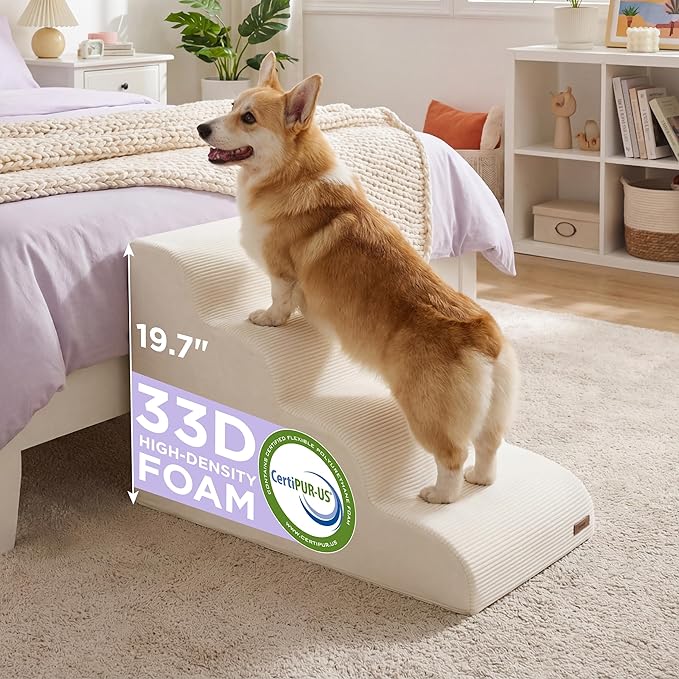 Lesure Dog Stairs for Small Dogs Pet Steps Ramp for High Bed and Couch with CertiPUR-US Certified Foam with Non-Slip Bottom, Beige, 4 Steps