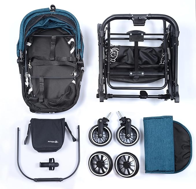NT Hut WagZee Dog Stroller for Small & Medium Dogs & Cats, Foldable Pet Stroller with 360 Mesh Windows, One-Click Fold, Storage Basket, Cup Holder, Black Teal