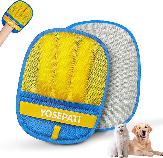 Magic Brush Pet Hair Removal Glove for Cats & Dogs, Ectrostatic Five-Finger Fur Remover, The Magic Brush Pure Path Grooming Remover Glove for Laundry, Carpet & Car Seat (Blue & Yellow)