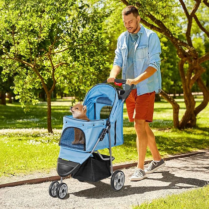 ZENY Foldable Pet Stroller, Cat/Dog Stroller with 3 Wheel, Pet Strolling Cart, Dog Travel Carrier with Storage Basket + Cup Holder (Blue)