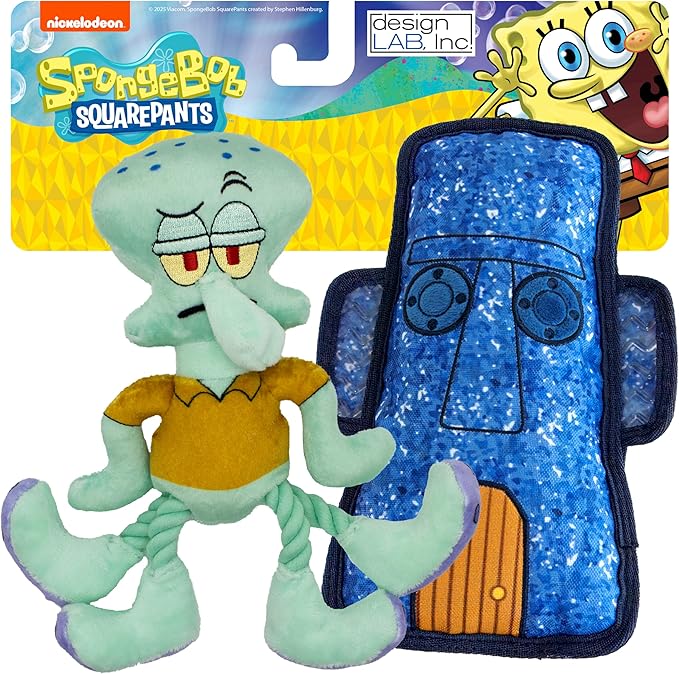design LAB, Inc. Spongebob Squarepants Official Merchandise | Squeaky Plush Dog Toys | 2-Pack Squidward & Tiki Dog Toys with Squeaker & Rope | Play, Squeak, and Tug