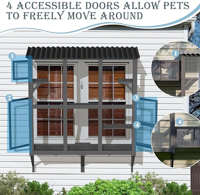 Large Catio Cat Window Box, Outdoor Cats Window Perch Enclosure for Indoor Cats with 4 Jump Platforms & 4 Doors, Kitten Cat Patio House Connected with Tunnels, All Weather Use (Gray)