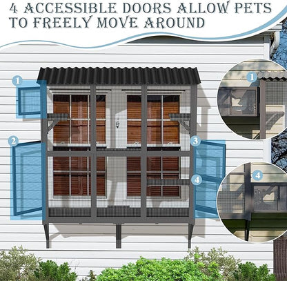 Large Catio Cat Window Box, Outdoor Cats Window Perch Enclosure for Indoor Cats with 4 Jump Platforms & 4 Doors, Kitten Cat Patio House Connected with Tunnels, All Weather Use (Gray)